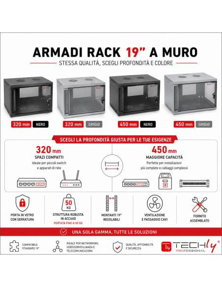 Armadio Rack 19'' a Muro 6U prof. 320 Grigio Assemblato