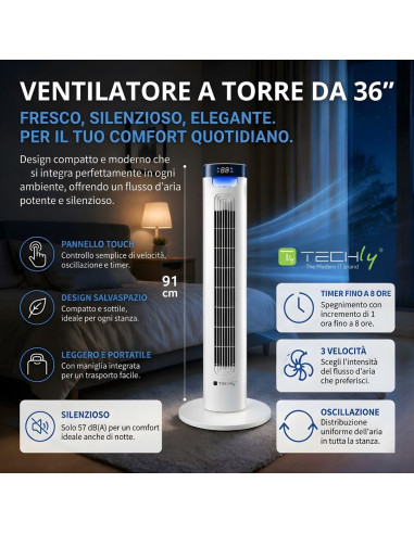Ventilatore a Torre da Pavimento 36'' 3 Velocit&agrave con Telecomando Oscillazione 75&deg e Timer