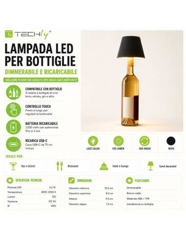 Lampada LED Paralume per Bottiglie Dimmerabile Batteria Ricaricabile Alimentazione USB-C&trade