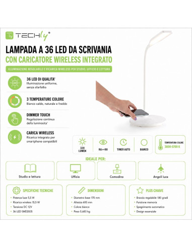Lampada a 36 LED da Scrivania con Caricatore Wireless Integrato per Smartphone