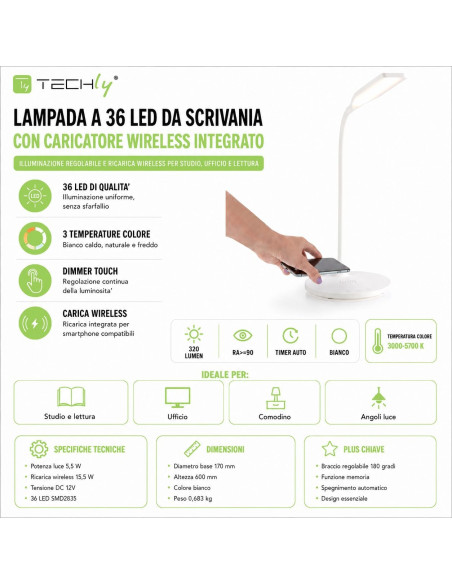 Lampada a 36 LED da Scrivania con Caricatore Wireless Integrato per Smartphone