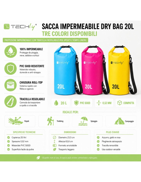 Sacca Impermeabile 20L Dry Bag con Tracolla Regolabile Fucsia