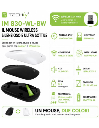 Mouse Ottico Wireless 2.4 GHZ 3D 1000/1200/1600 Dpi Nero o Bianco
