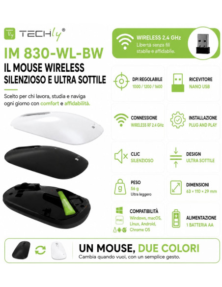 Mouse Ottico Wireless 2.4 GHZ 3D 1000/1200/1600 Dpi Nero o Bianco