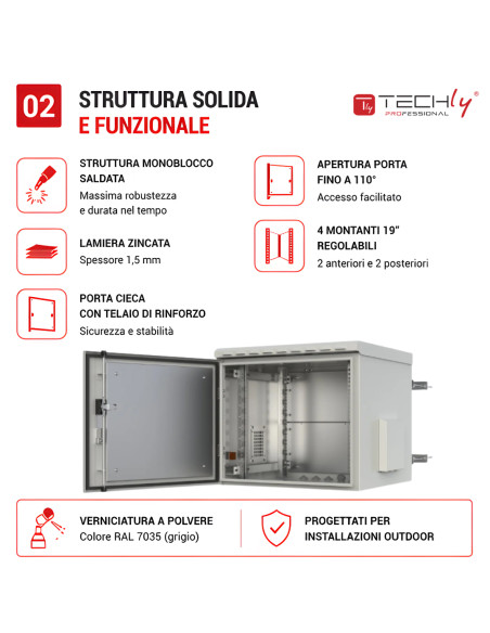 Armadio Rack 19'' Fissaggio a Palo 12U IP66 Porta Cieca Prof. 400 mm Grigio