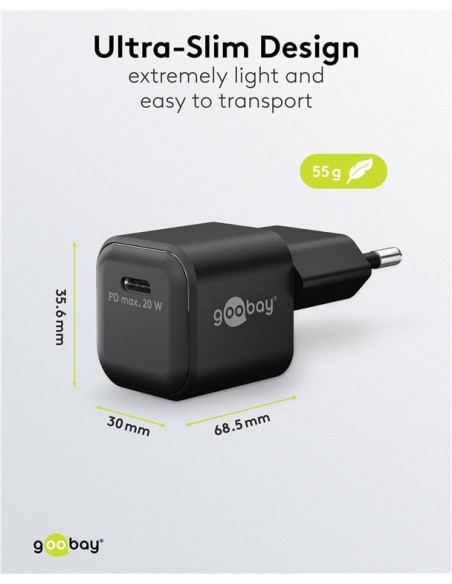 Alimentatore Caricatore Rapido USB-C&trade PD GaN Nano 20W 3A Nero