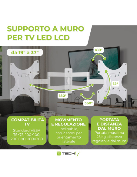 Supporto a muro per TV LED LCD 19-37'' inclinabile 3 snodi nero