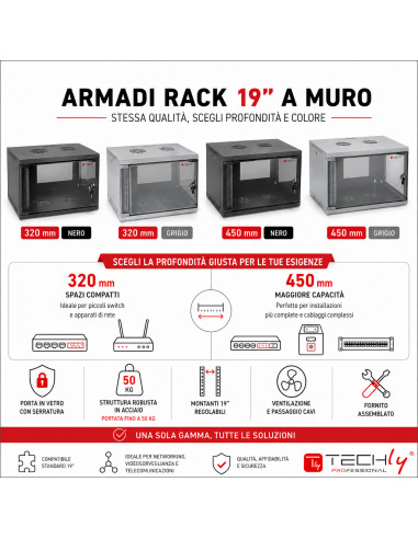 Armadio Rack 19'' a Muro 6U prof. 450 Grigio Assemblato