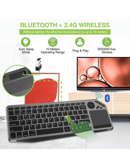 Tastiera Wireless Dual Mode Bluetooth & 2.4G per Smart TV Retroilluminata con Touchpad
