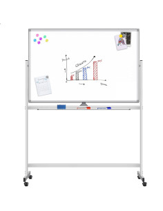 Lavagna Magnetica Bifacciale 90x120 cm con Ruote e Mensola per Pennarelli con Ganci Portablocco 2