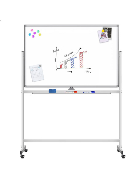 Lavagna Magnetica Bifacciale 90x120 cm con Ruote e Mensola per Pennarelli con Ganci Portablocco