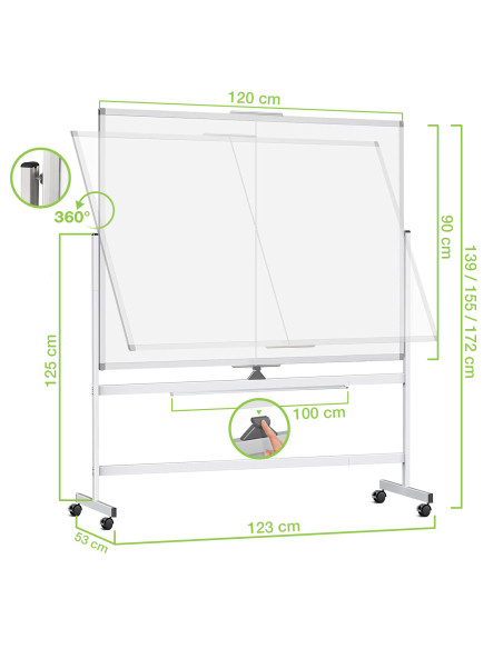 Lavagna Magnetica Bifacciale 90x120 cm con Ruote e Mensola per Pennarelli con Ganci Portablocco