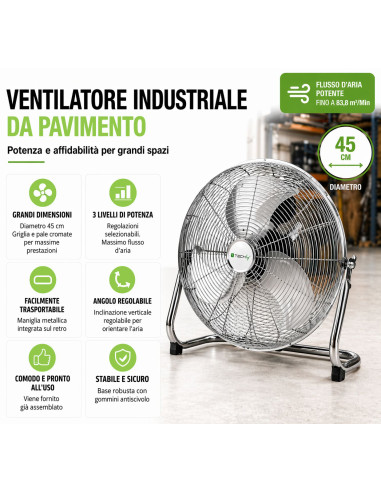 Ventilatore Industriale da Pavimento Diametro 45 cm 3 Livelli di Potenza