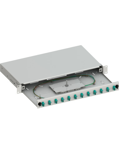 Cassetto Ottico 19'' Scorrevole con 12 Bussole e 24 Pigtails LC Duplex Multimodale OM3 Grigio