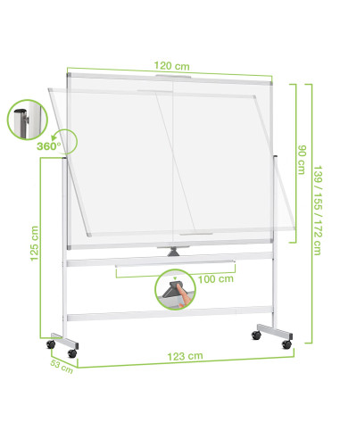 Lavagna Magnetica Bifacciale 90x120 cm con Ruote e Mensola per Pennarelli con Ganci Portablocco