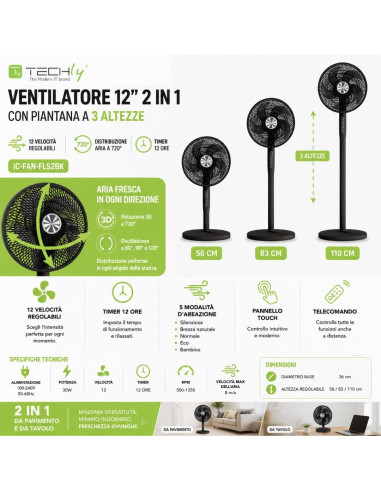 Ventilatore 12'' 2 in 1 con Piantana a 3 Altezze 12 Velocit&agrave con Telecomando Oscillazione a 720&deg e Timer