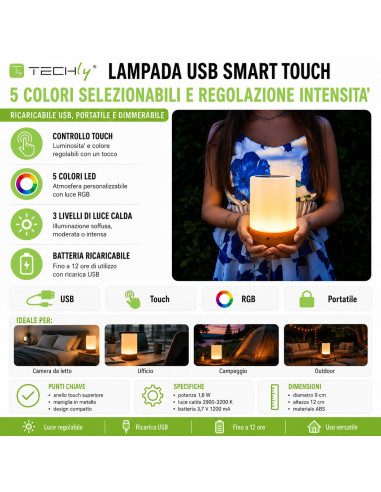 Lampada USB Smart Touch 5 Colori Selezionabili Regolazione Intensit&agrave