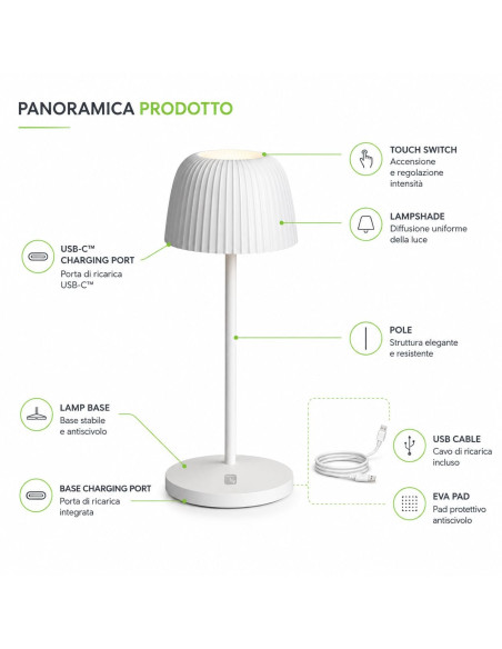 Lampada da Tavolo LED per Esterni con Base di Ricarica Bianca
