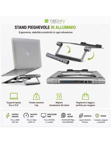 Docking Station USB-C&trade 9 in 1 Hub USB3.1 Stand per Notebook Pieghevole