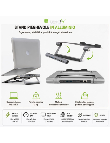 Docking Station USB-C&trade 9 in 1 Hub USB3.1 Stand per Notebook Pieghevole