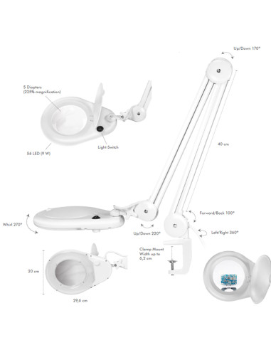 Lampada LED con Lente d'ingrandimento a 5 Diottrie Attacco a Morsetto