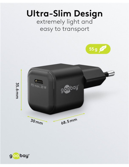 Alimentatore Caricatore Rapido USB-C&trade PD GaN Nano 20W 3A Nero