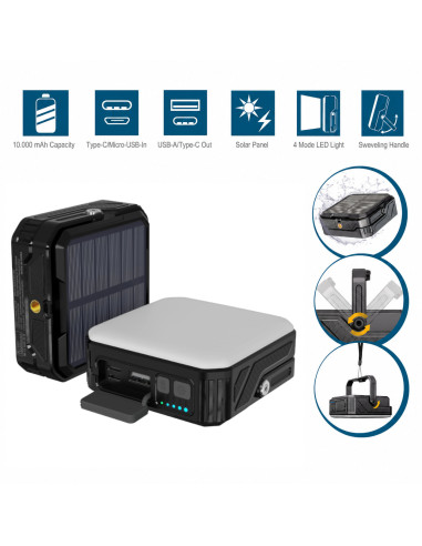 Powerbank Outdoor Energia Solare 10000 mAh con Lampada da Campeggio/Torcia IP65 2xUSB