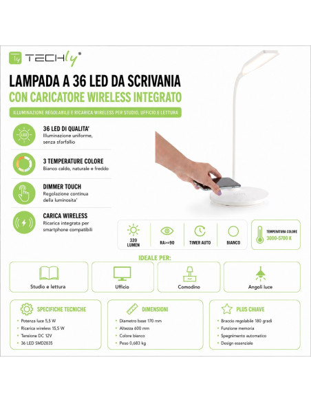 Lampada a 36 LED da Scrivania con Caricatore Wireless Integrato per Smartphone
