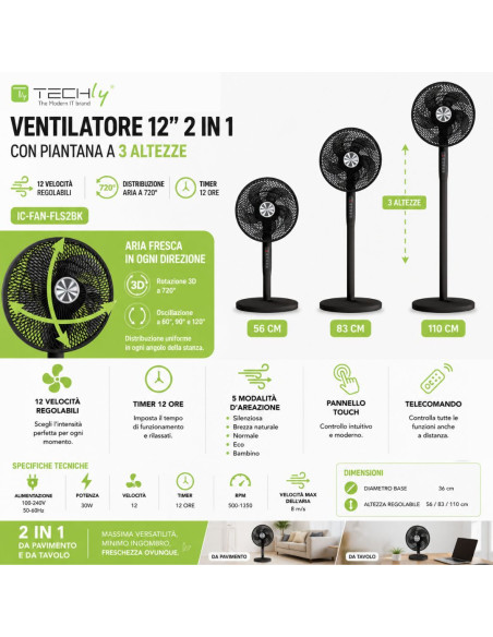 Ventilatore 12'' 2 in 1 con Piantana a 3 Altezze 12 Velocit&agrave con Telecomando Oscillazione a 720&deg e Timer
