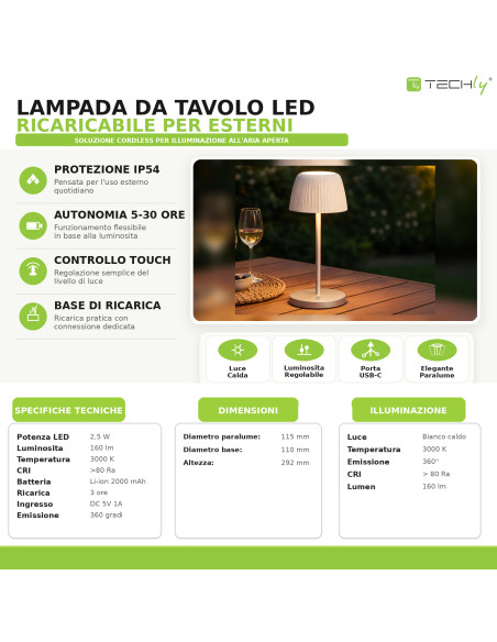Lampada da Tavolo LED per Esterni con Base di Ricarica Bianca