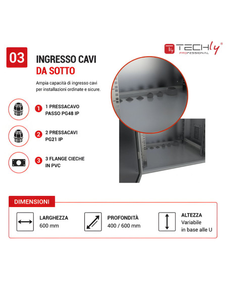 Armadio Rack 19'' Fissaggio a Palo 12U IP66 Porta Cieca Prof. 400 mm Grigio