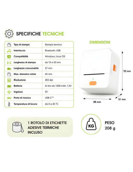 Mini Etichettatrice Stampante Termica Bluetooth Portatile Ricarica USB-C&trade
