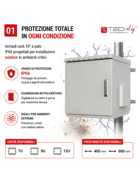 Armadio Rack 19'' Fissaggio a Palo 12U IP66 Porta Cieca Prof. 400 mm Grigio