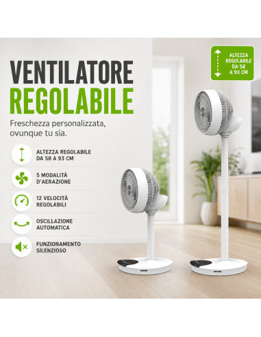 Ventilatore 9'' 2 in 1 con Piantana a 2 Altezze 12 Velocit&agrave con Telecomando Oscillazione a 720&deg e Timer