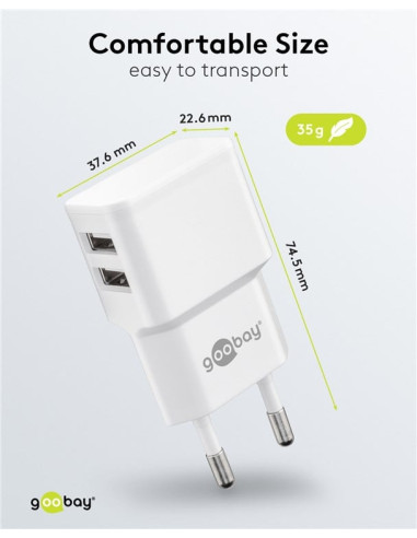 Caricatore da Muro 2 porte USB-A Slim Design 12W Bianco