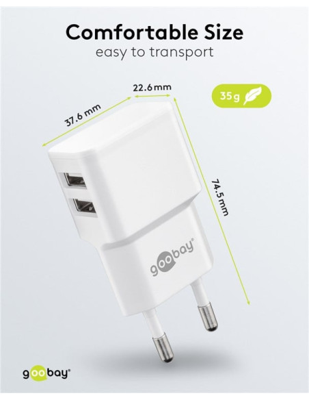 Caricatore da Muro 2 porte USB-A Slim Design 12W Bianco