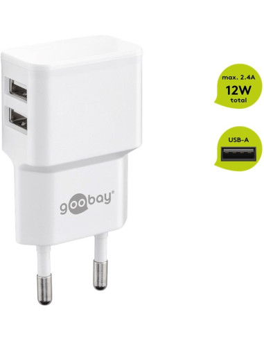 Caricatore da Muro 2 porte USB-A Slim Design 12W Bianco