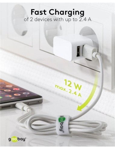 Caricatore da Muro 2 porte USB-A Slim Design 12W Bianco
