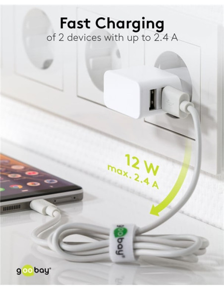 Caricatore da Muro 2 porte USB-A Slim Design 12W Bianco