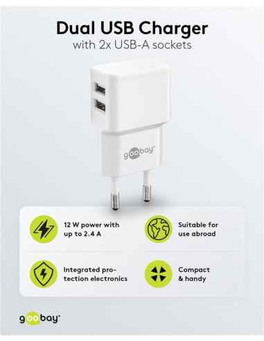 Caricatore da Muro 2 porte USB-A Slim Design 12W Bianco