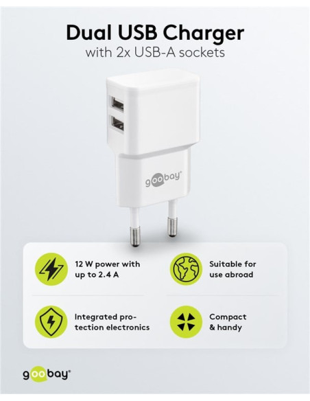 Caricatore da Muro 2 porte USB-A Slim Design 12W Bianco
