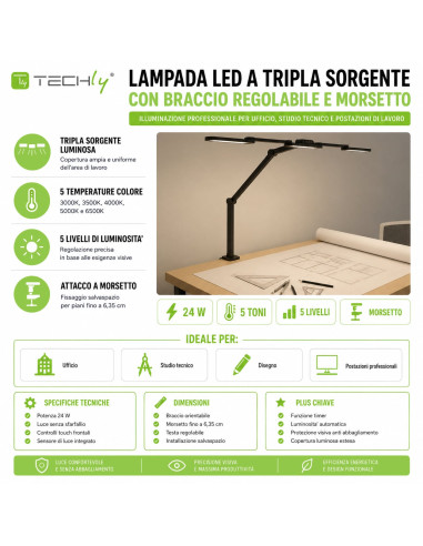 Lampada LED a Tripla Sorgente Luminosa con Braccio Regolabile e Attacco a Morsetto