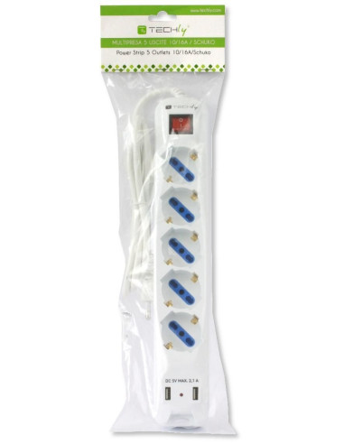 Multipresa 5 Posti Italiana Bipasso con 2 Prese USB